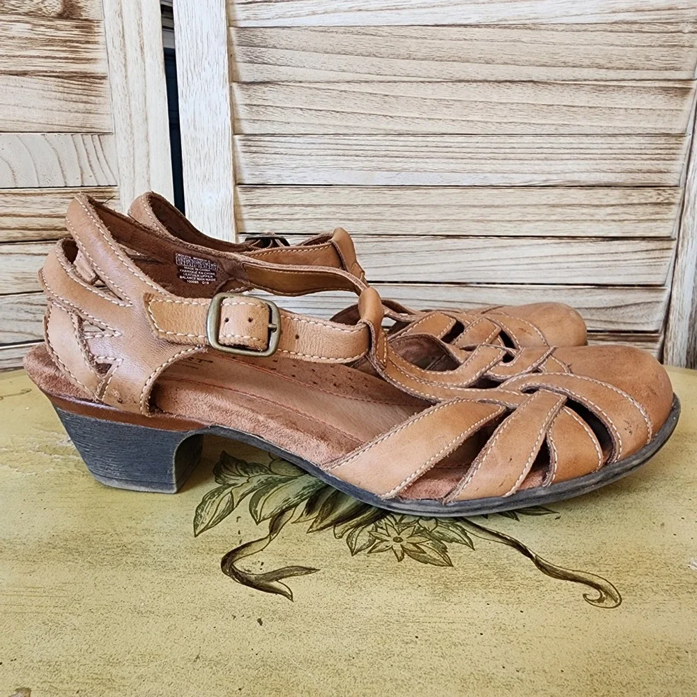 Rockport Sz 10 Brown Leather Mary Jane T-Strap Wedge Sandals Cottagecore Girly